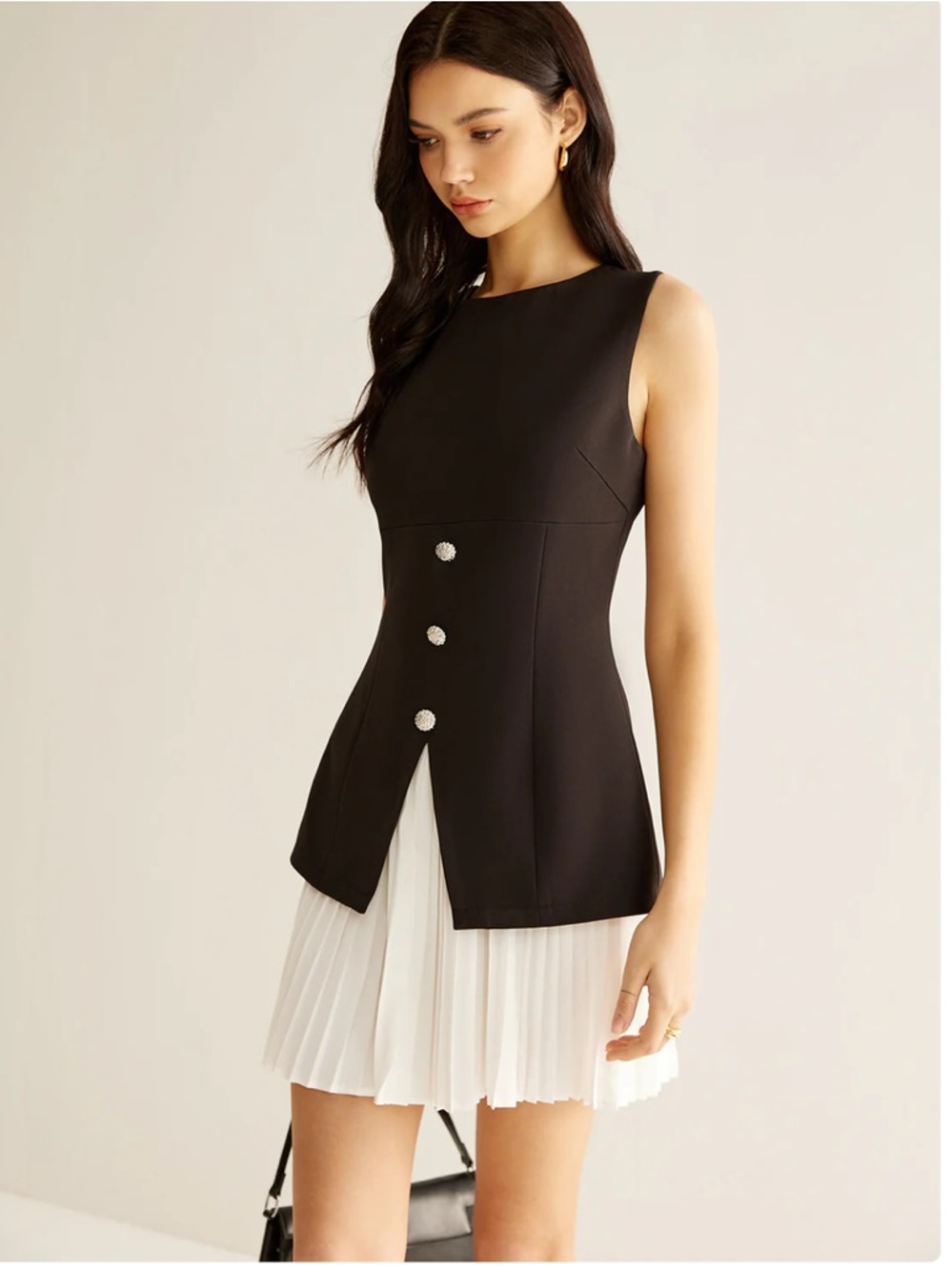 Commense Color Block Black White Mini Dress with Pleated Skirt NWT